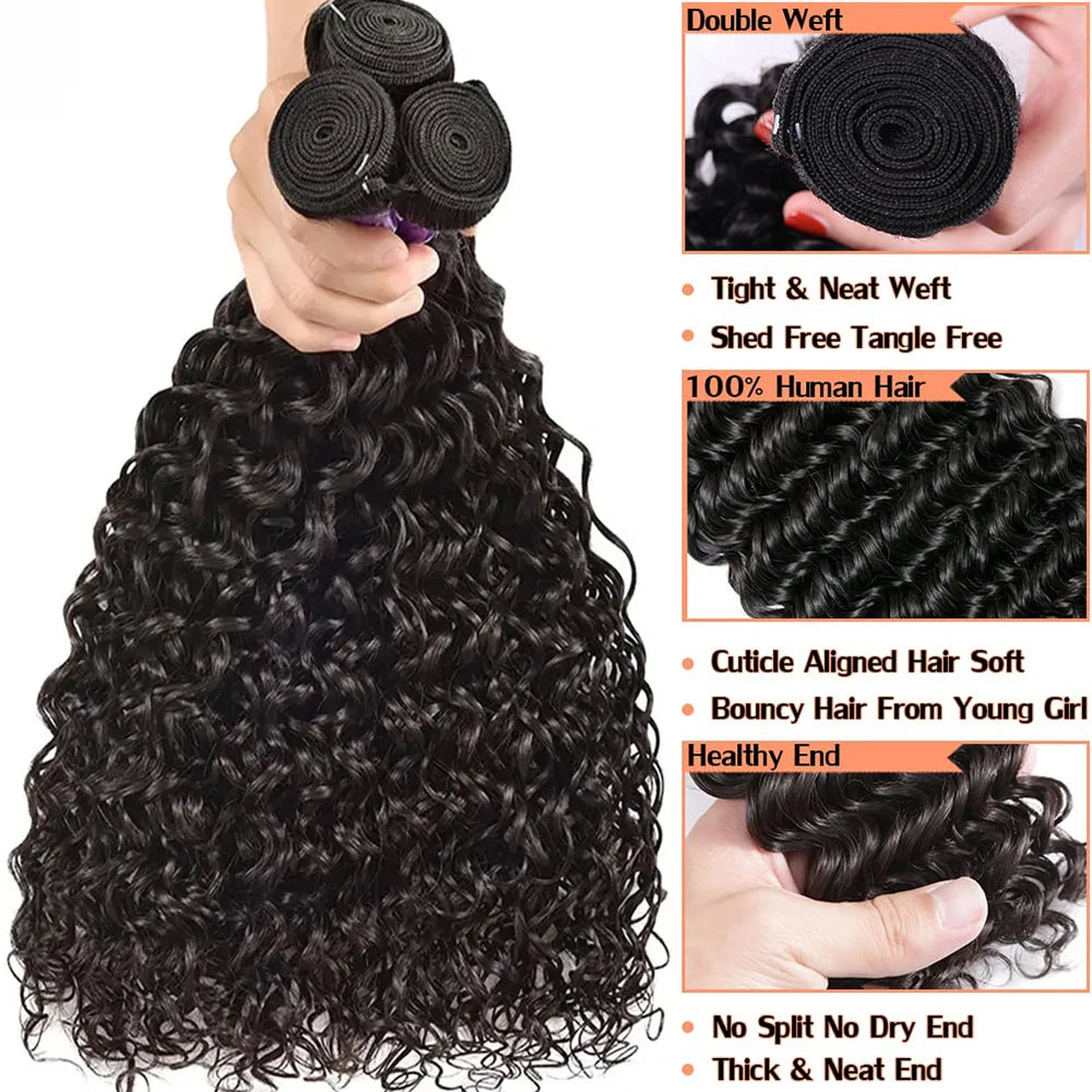 Peruvian 10A Water Wave Bundles Unprocessed Curly Human Hair Bundles Weave Remy Water Wave Hair Extensions No Tangle 12-32"